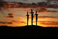 Three crosses over bright sunset with copy space